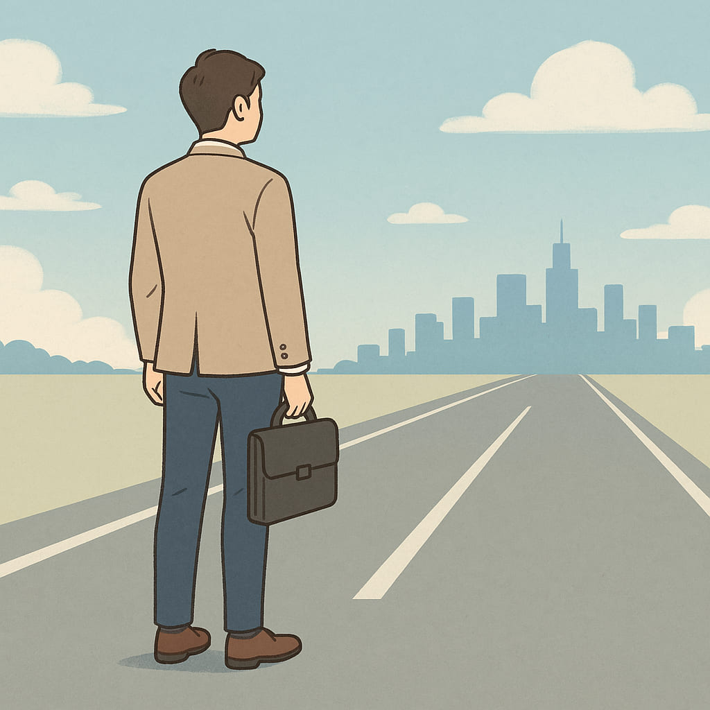 個人事業主としての新たな道を歩み始める男性。ライトブルーの空の下、未来に向かって一歩を踏み出す姿。