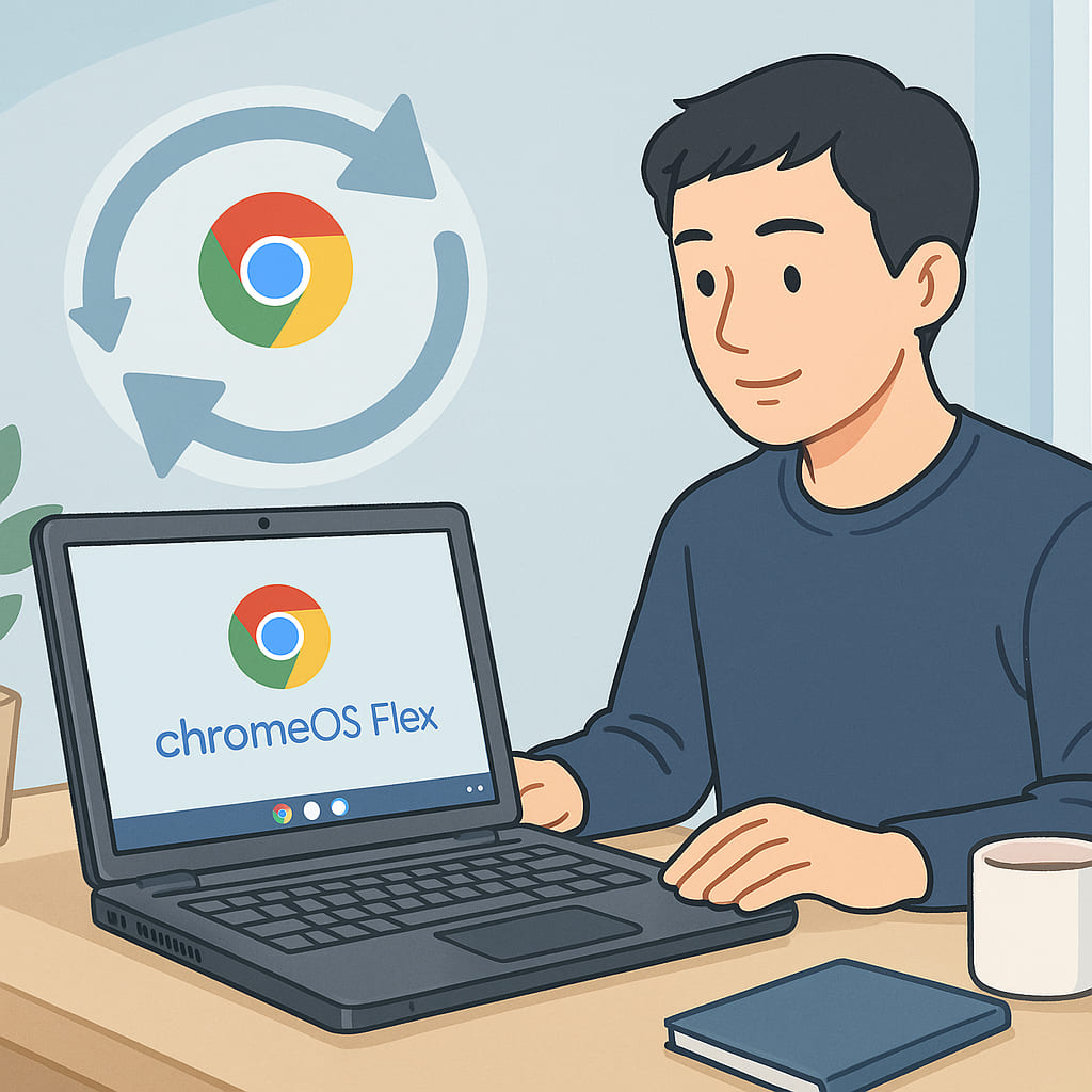 古いWindows10のPCをChromeOS Flexで再利用する作業空間。新しいOS画面が表示されたノートPCのイメージ。