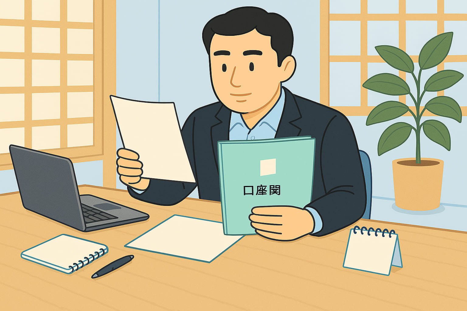 「信用金庫で事業用口座を開設するために書類を準備する日本人男性｜ライトブルー基調の落ち着いたイラスト風作業空間」