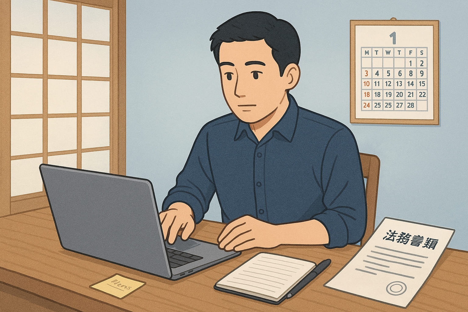 ライトブルー基調の静かな作業空間で、ノートPCを操作する日本人男性。机上にはメモ帳、カレンダー、法務書類が並び、ホームページ制作に関する思索を深めている様子。