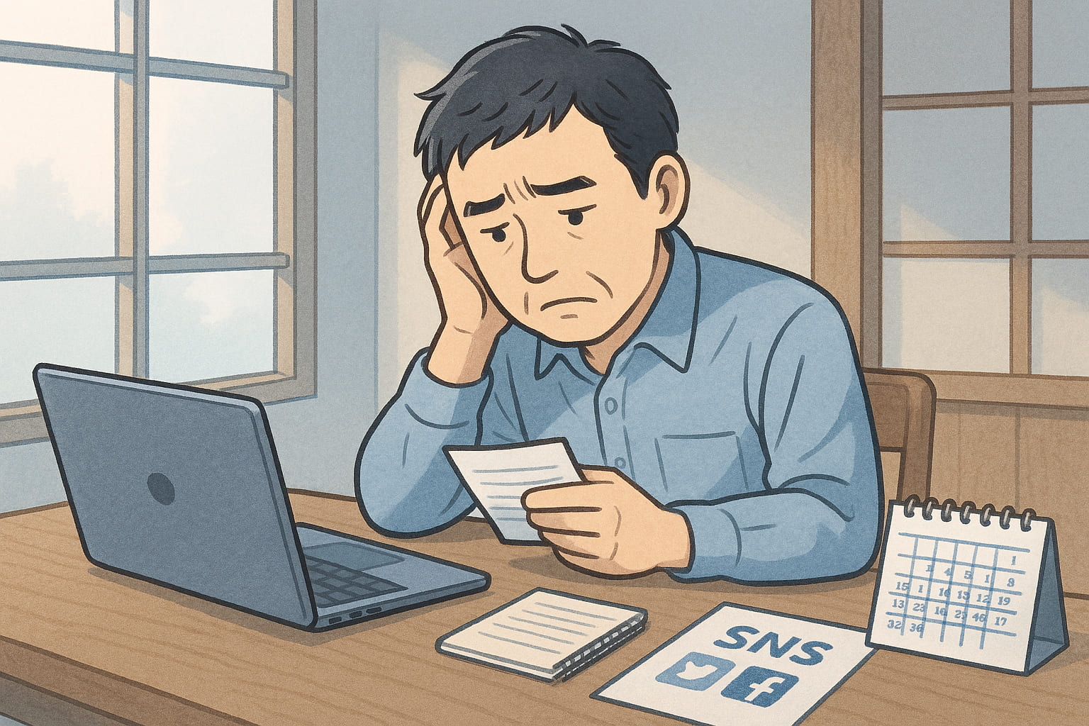 ライトブルー基調の静かな作業空間で、日本人男性がノートPCとメモを前に情報発信の計画を練っている様子。背景にはカレンダーやSNS関連資料が並び、努力が報われない苦悩と集中を象徴する落ち着いた雰囲気のイラスト。