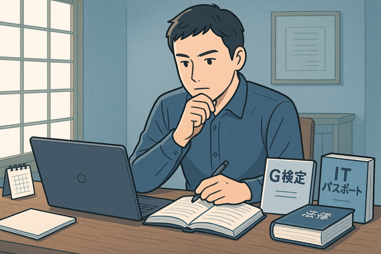 G検定とITパスポートの資格取得に取り組む日本人男性が、ライトブルー基調の静かな和風作業空間でノートPCと資料に向き合う様子。焦燥感と知的探求を表現。
