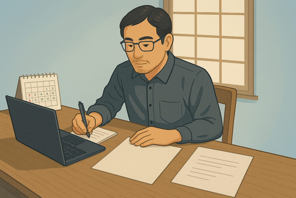 自治体の創業融資に挑む男性が、ライトブルー基調の静かな作業空間で事業計画書に向き合っている様子。机上にはノートPC、法務書類、カレンダー、メモが並び、書類には具体的な文字は描かれていないが、真剣な雰囲気が伝わる構成。