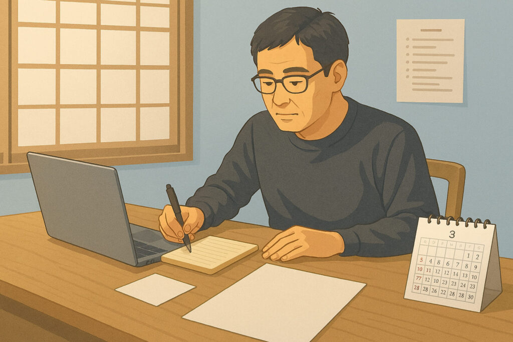 ライトブルー基調の静かな作業空間で、日本人男性がノートPCを使いながらfreee会計ソフトで確定申告の作業をしている様子。机上にはメモ、カレンダー、法務書類が並び、柔らかな光が集中と創造性を演出している。