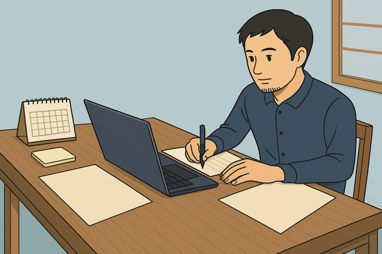 TOKYO創業ステーションの支援を受けながら事業計画書を作成する30代日本人男性。ライトブルー基調の静かな作業空間に、ノートPC、メモ、カレンダー、法務書類が並ぶが、書類内に文字は描かれていない。