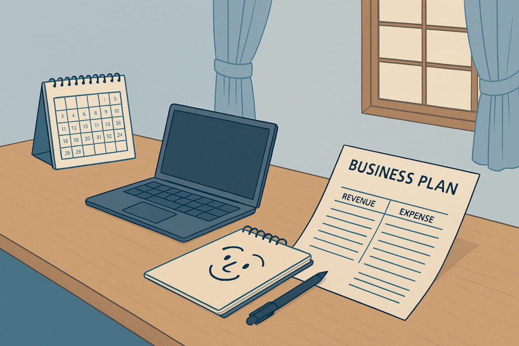 ライトブルー基調の静かな和風作業空間に事業計画書が置かれている。机には他にノートPC、メモ、カレンダー、法務書類が並び、柔らかな光が集中と内省の雰囲気を演出している。