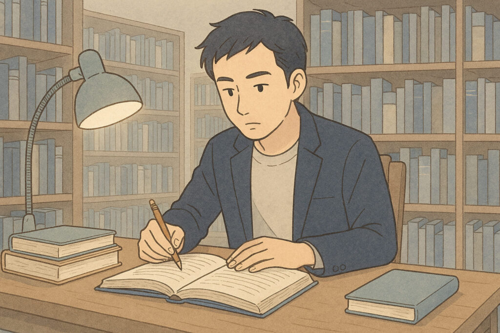 東京都立図書館の窓際で資料を読み込む日本人男性キャラクター。ライトブルーとベージュを基調にしたLofi系イラスト。