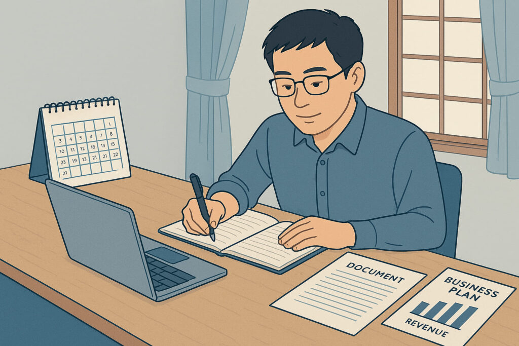 ライトブルー基調の静かな和風作業空間で、日本人男性がノートPCと法務書類を前に事業計画書の売上予測を作成している様子。机にはカレンダーやメモも置かれ、柔らかな光が集中と創造性を演出している。