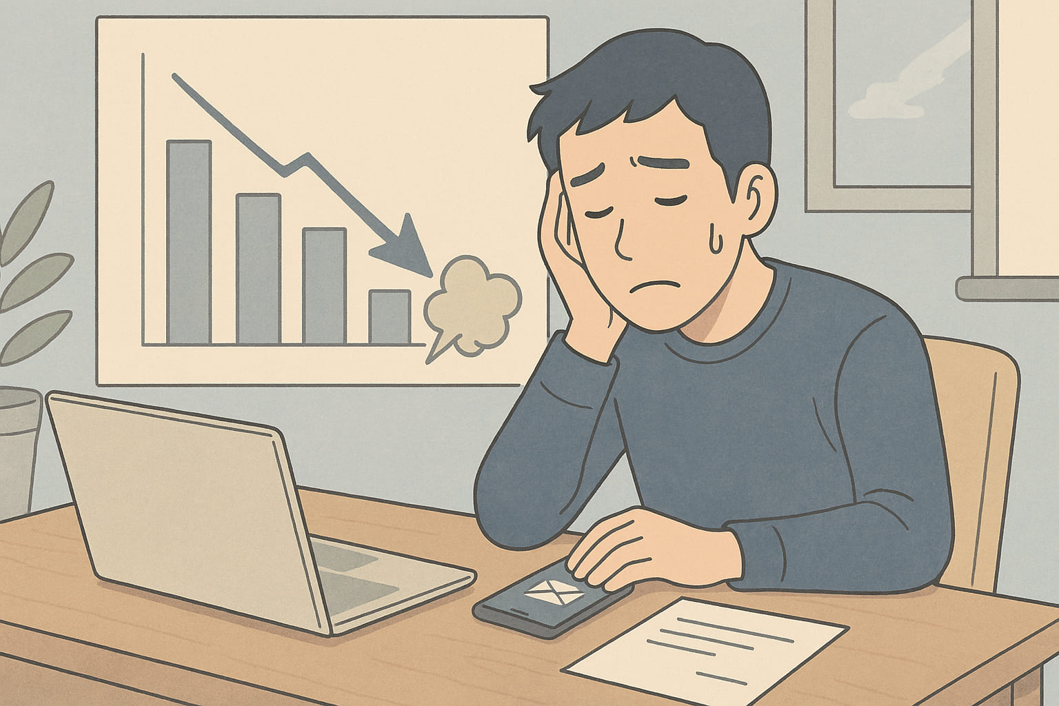 ライトブルー基調のローファイ系イラスト。日本人男性がデスクでアウトバウンド営業の結果に向き合い、送った704社分のメールが途中で霧散。空のファネルと横ばいグラフが集客ゼロを暗示。