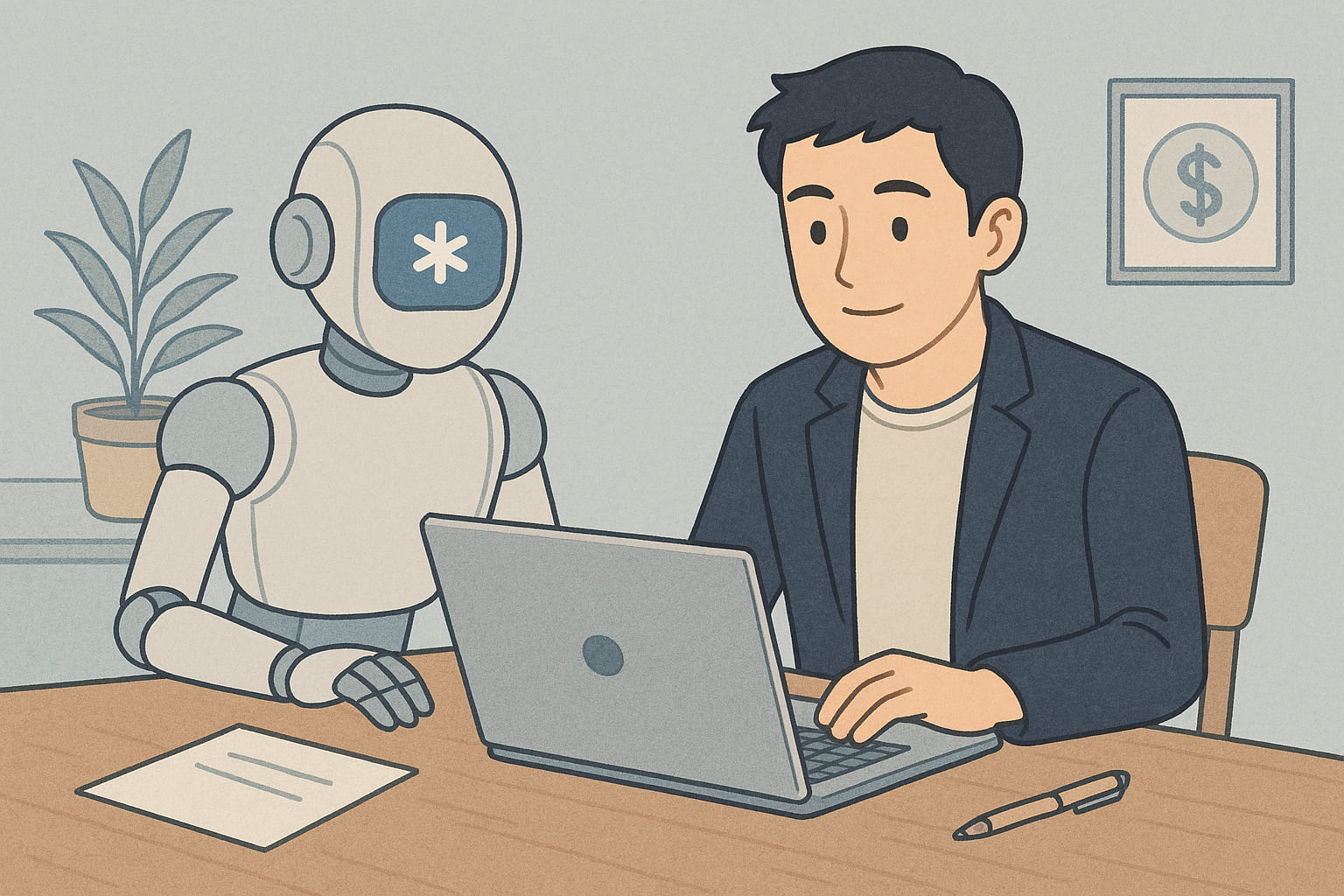 ライトブルー基調のLofiイラスト。日本人男性がデスクでAIパートナーのUIと共同作業し、3日間の進行ボードと試作モックで新商品化を進める情景(Google AI〈Gemini〉活用・共同ビジネスの比喩)。