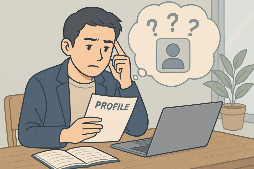 Googleビジネスプロフィールの設定に悩むフリーランス男性が、カフェ風の作業空間でプロフィール文を考え込む様子。ライトブルーとベージュを基調にしたLofi系イラスト