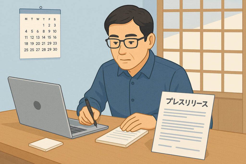 ライトブルー基調の静かな作業空間で、日本人男性がノートPCを使ってプレスリリース文書を作成している様子。机にはメモ、カレンダー、法務書類が並び、柔らかな光が集中と創造性を演出している。ブログ全体の統一感を保ったイラスト。