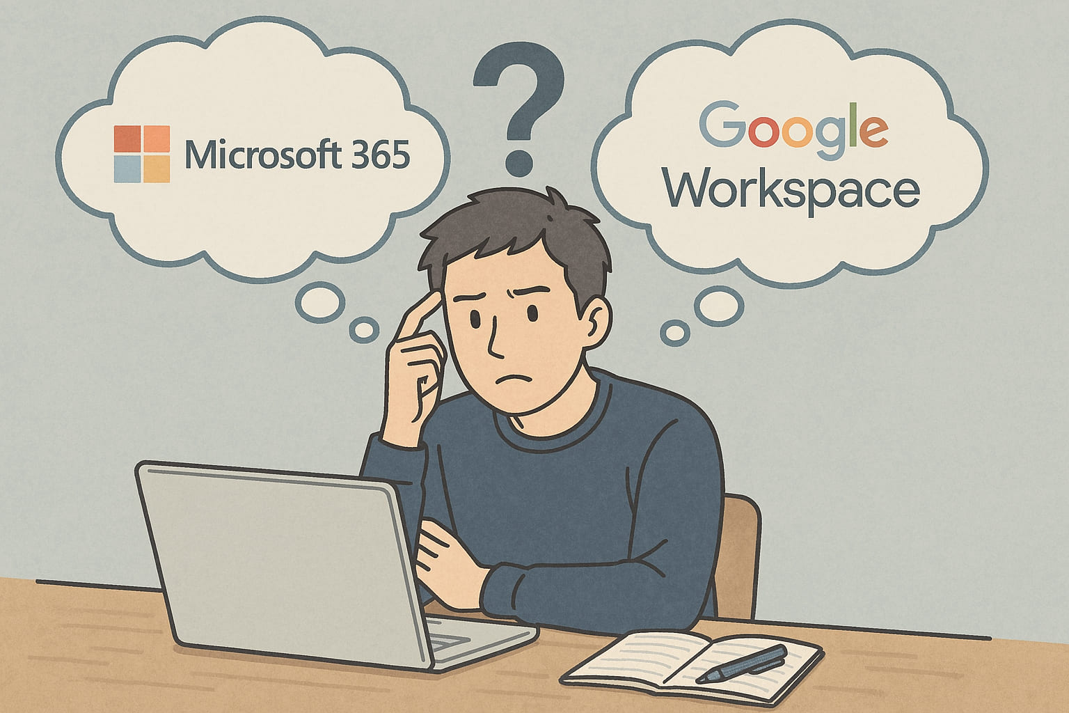 Microsoft 365とGoogle Workspaceの選択に悩む日本人男性。ライトブルー基調の静かな作業空間で、2つのクラウドサービスのロゴを見比べながら考え込む姿。Lofi系の淡い塗りと落ち着いた線画で描かれた、比較と決断を象徴するイラスト。