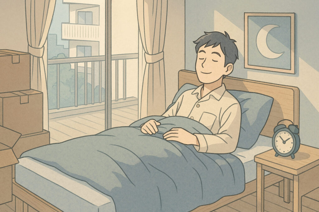 独立後の新しい生活で十分な睡眠を取り戻し、朝日が差す和室で伸びをする男性を描いたLofi系イラスト（ライトブルー×ベージュ×グレー）