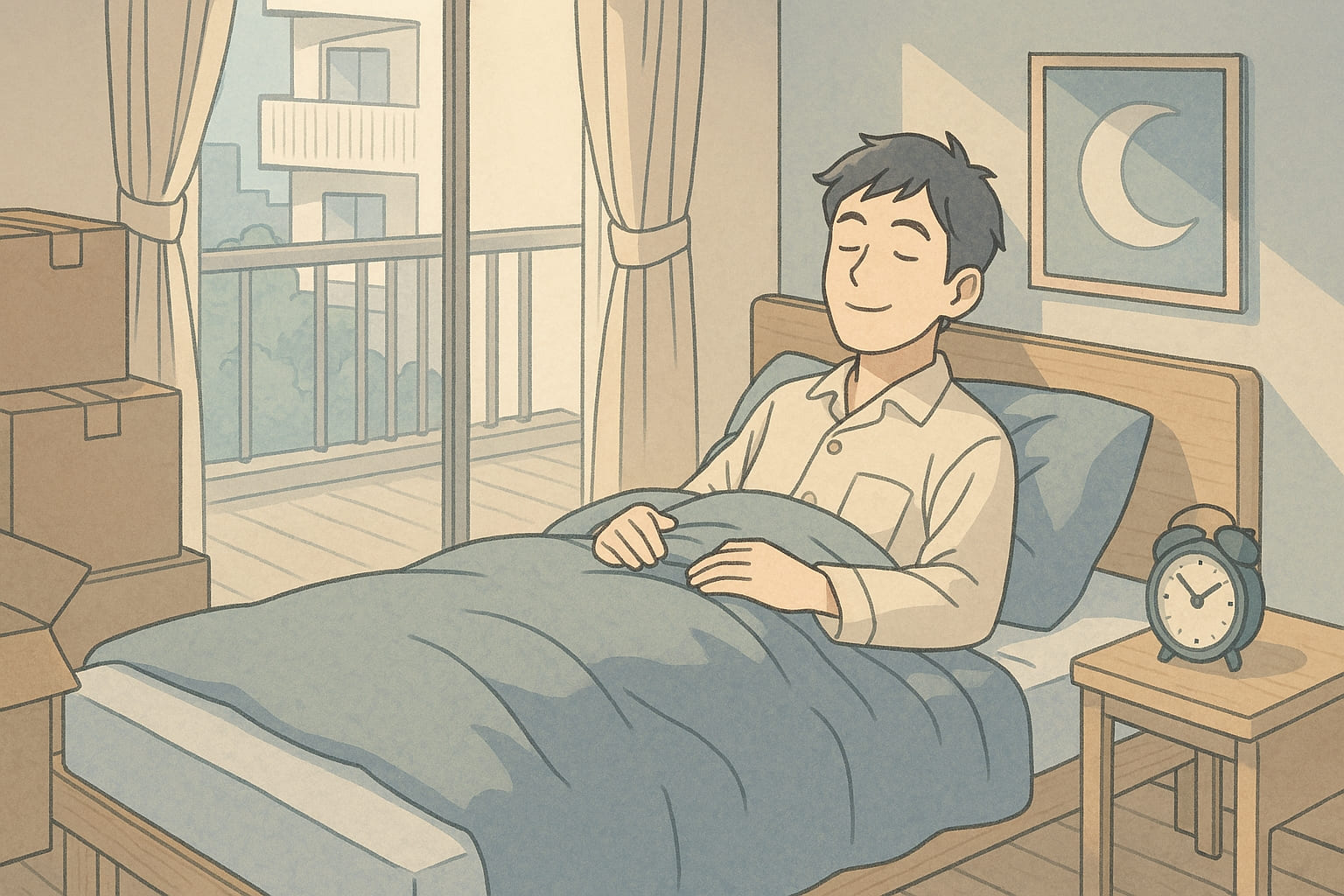 独立後の新しい生活で十分な睡眠を取り戻し、朝日が差す和室で伸びをする男性を描いたLofi系イラスト(ライトブルー×ベージュ×グレー)