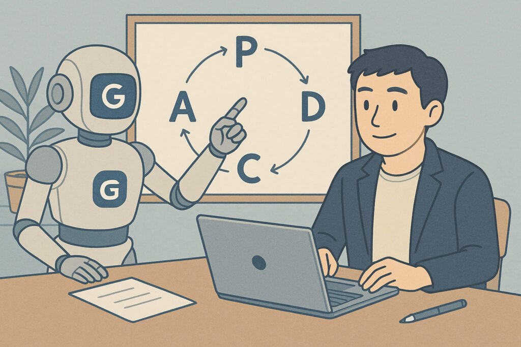 ロボットとビジネスパーソンが机でノートパソコンを見ながら議論し、背後のホワイトボードにはPDCAサイクルの図が描かれている。AIと人間が協力して事業改善を進める様子を表現したLofi風イラスト。