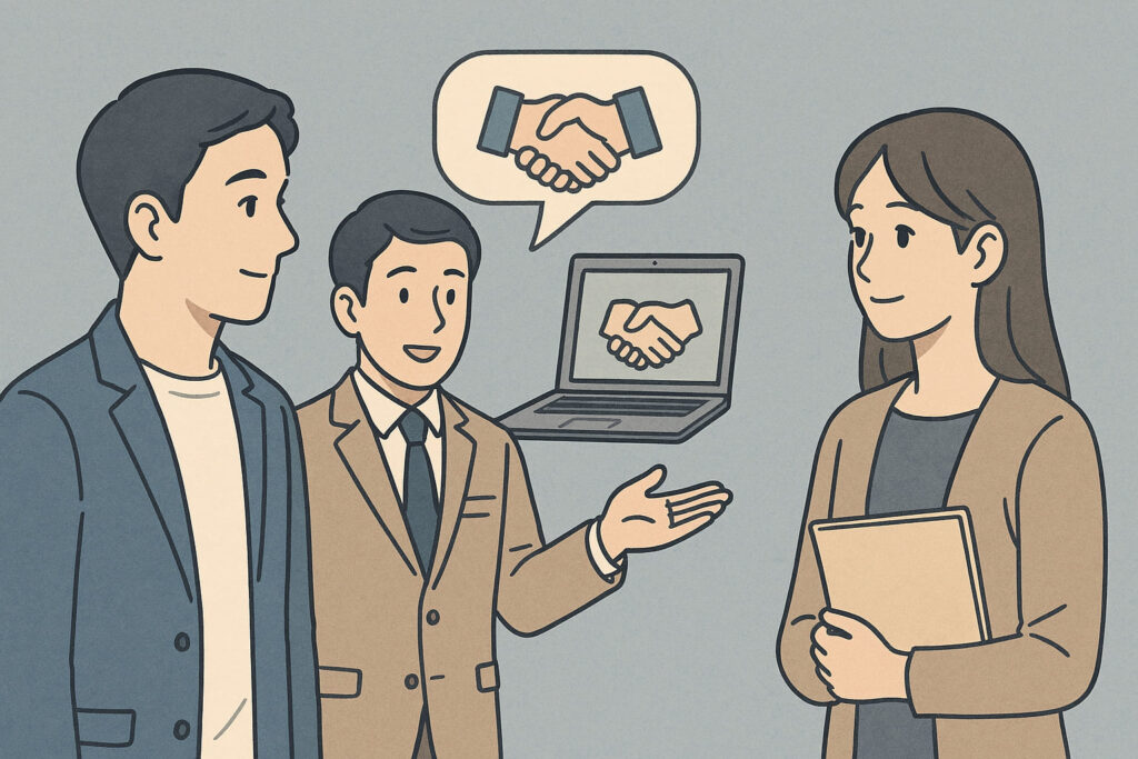 3人の人物が会話しているイラスト。左の人物は青いジャケットと白いシャツを着用、中央の人物は茶色のスーツで右の人物に向かってジェスチャー、右の人物は茶色のカーディガンとフォルダを持っている。中央上には握手アイコンの吹き出し、背景のノートパソコン画面にも握手のイラストが表示されている。