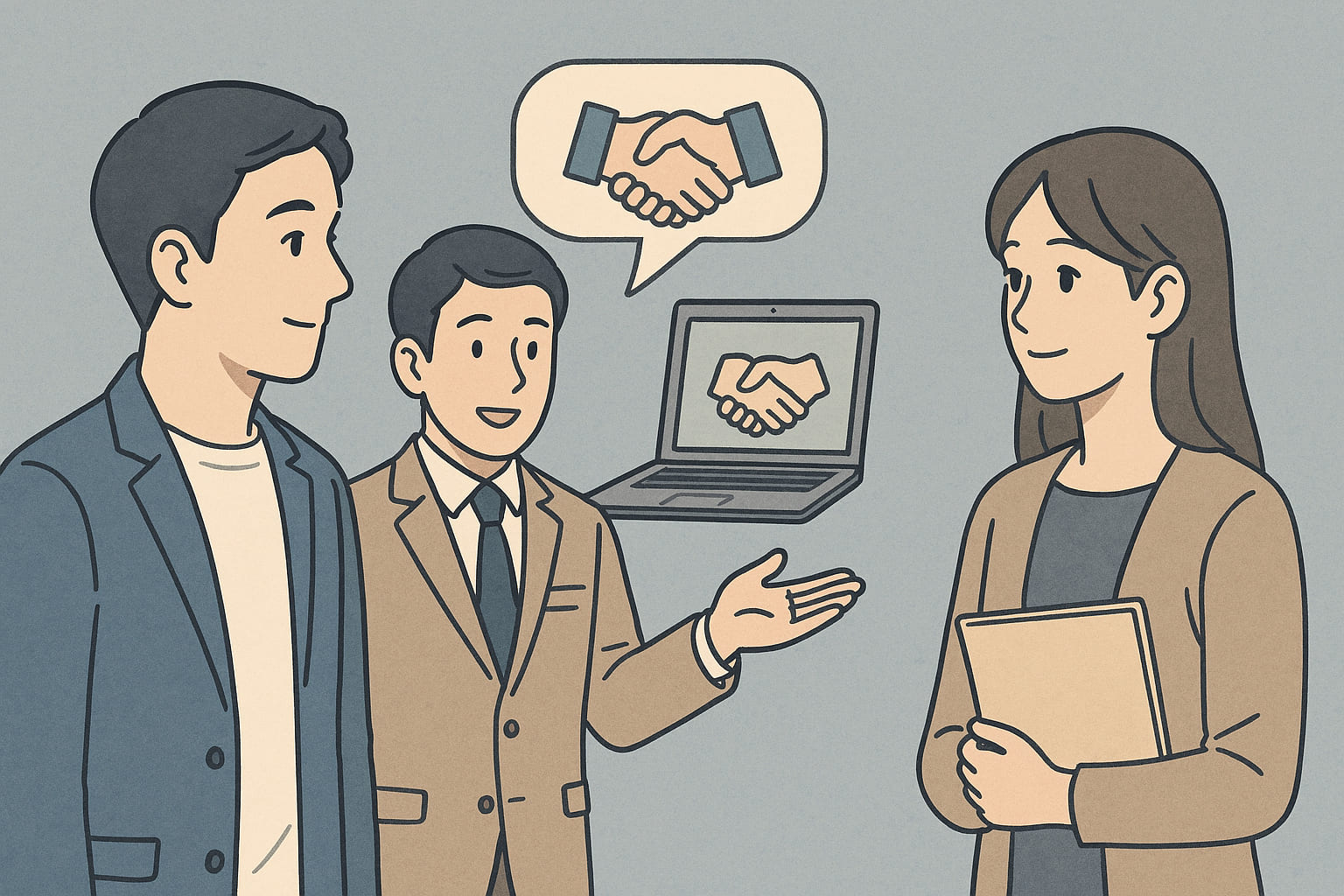 3人の人物が会話しているイラスト。左の人物は青いジャケットと白いシャツを着用、中央の人物は茶色のスーツで右の人物に向かってジェスチャー、右の人物は茶色のカーディガンとフォルダを持っている。中央上には握手アイコンの吹き出し、背景のノートパソコン画面にも握手のイラストが表示されている。