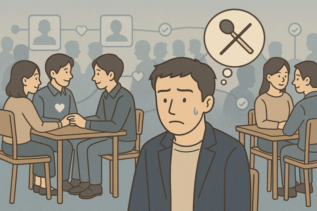 多数のプロフィールが線でペア成立する中、手前の日本人男性のプロフィールカードだけ未接続のLofiイラスト（マッチングサービスの比喩・ライトブルー基調）