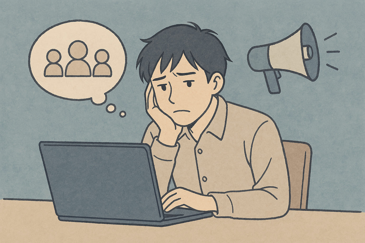 集客に悩む個人事業主を象徴する、ライトブルー基調のLofi風イラスト。空っぽのカフェの窓際で、資料を見つめる男性の後ろ姿が描かれている。