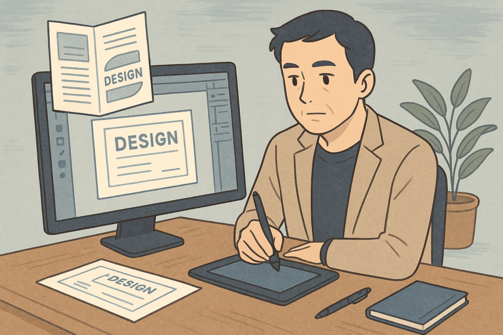 ライトブルー×ベージュ×グレーのLofiイラスト。机上で名刺と三つ折りパンフを自作し、デザイン設計とマーケティングファネルを確認する50代フリーランスの作業風景