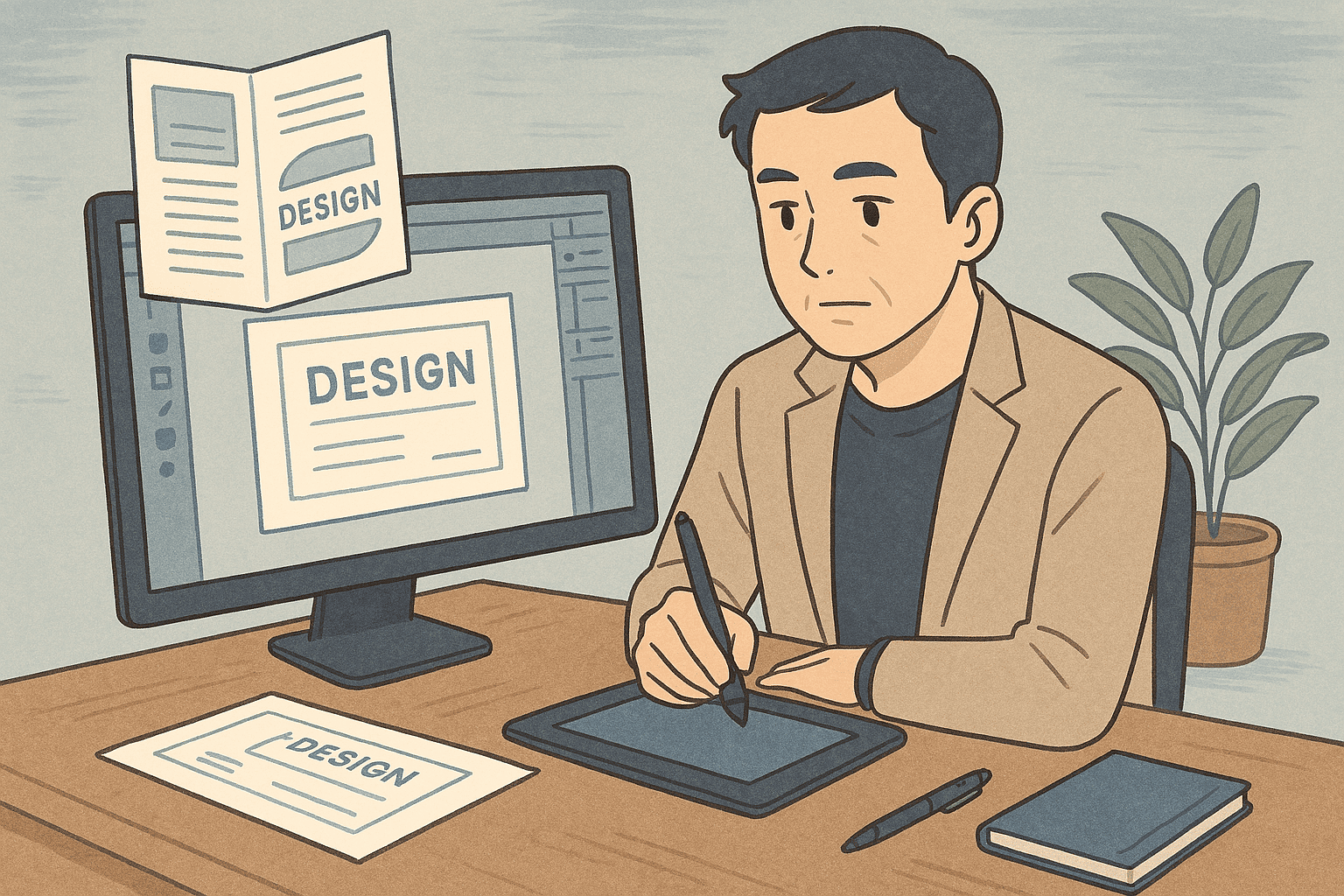 ライトブルー×ベージュ×グレーのLofiイラスト。机上で名刺と三つ折りパンフを自作し、デザイン設計とマーケティングファネルを確認する50代フリーランスの作業風景