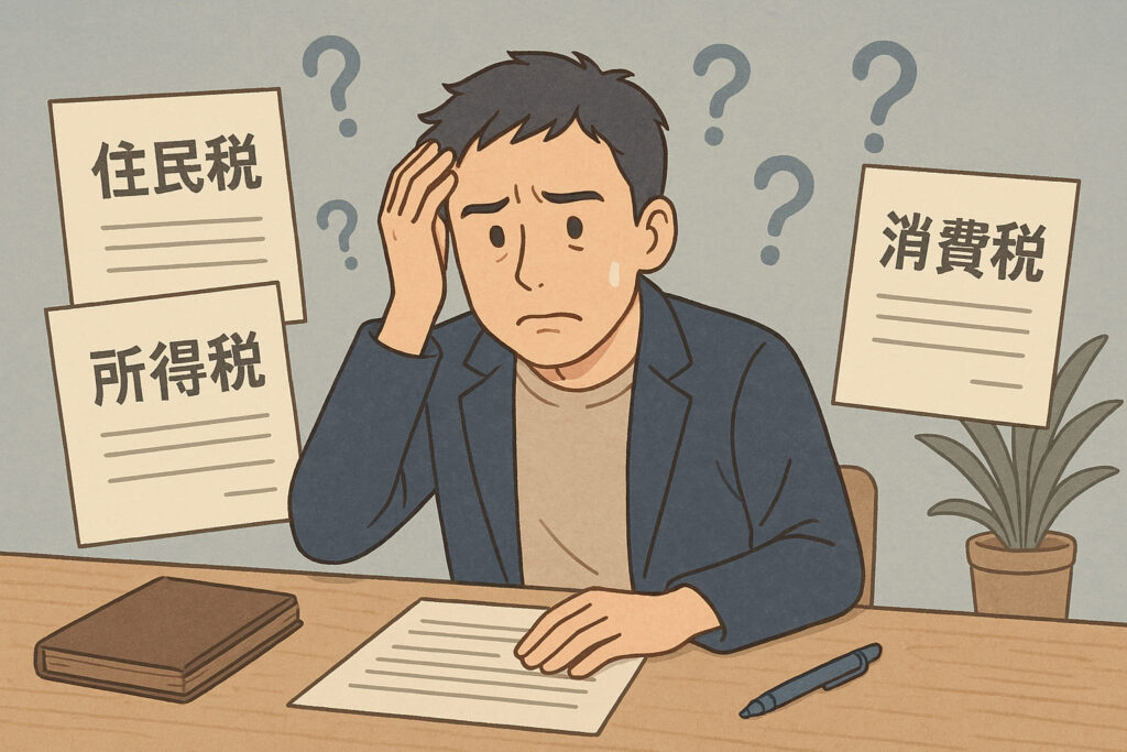 税金の通知書に囲まれ、困惑した表情で机に座るフリーランス男性。ライトブルーとベージュを基調にしたLofi系イラストで、納税の時間差に戸惑う様子を表現。
