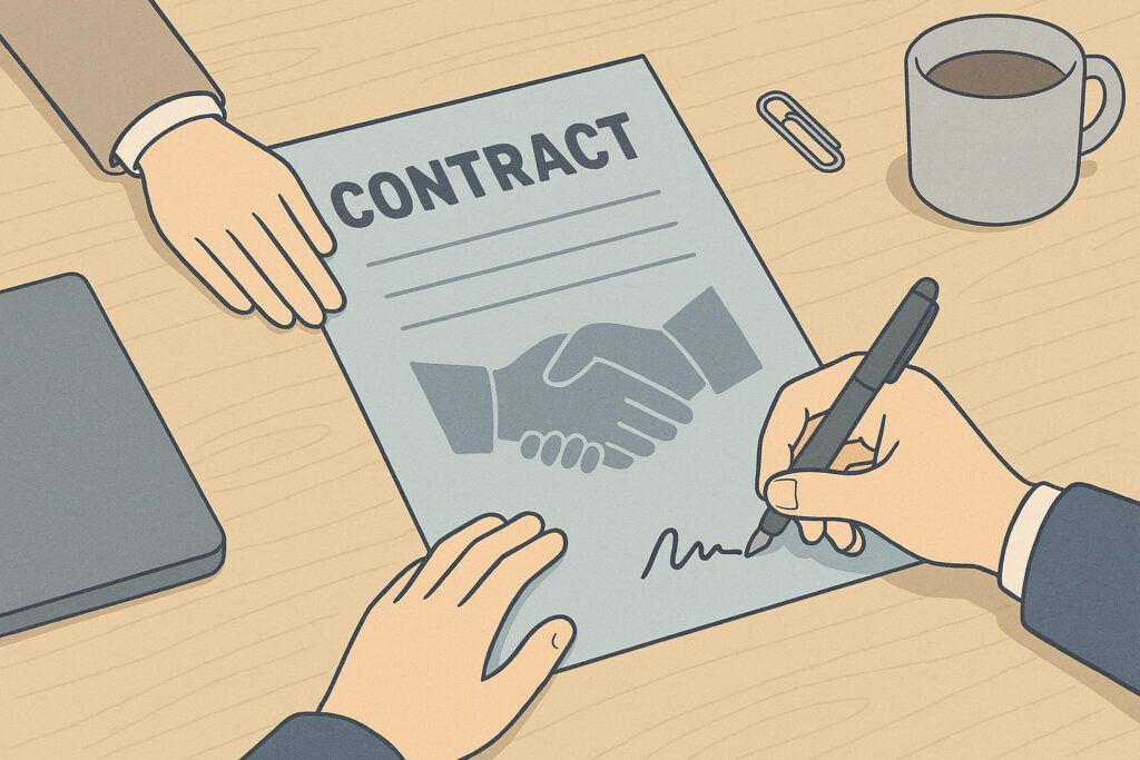 ライトブルーとベージュ基調のLofiイラスト。木目デスク上でライトブルーの契約書を紙バンドでゆるく結び、影が握手の形をつくる。右下に50代日本人男性コンサルの手元が万年筆を構え、「業務委託の準委任契約」で合意に至る比喩を静かに表現。日本アニメ風、文字要素なし。