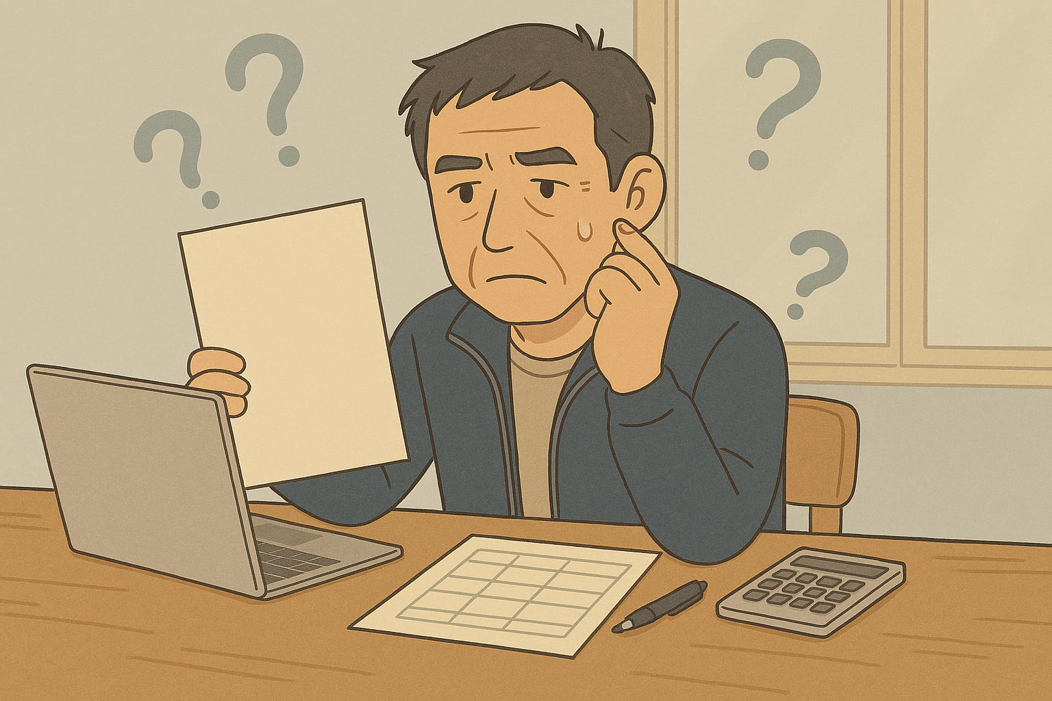 確定申告の画面を前に困惑する日本人男性。ライトブルーとベージュを基調にしたLofi風の作業空間で、freeeの操作に戸惑う様子が描かれている。手に持つ書類には文字がなく、空白の不安を象徴している。