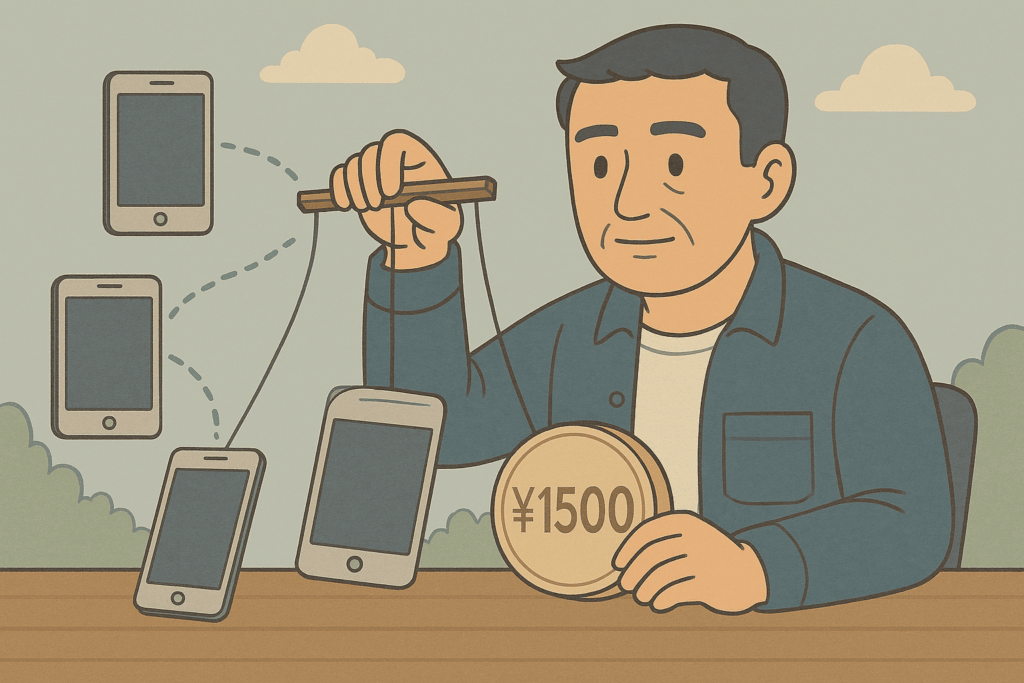 月1500円で3回線を使いこなす節約術を、複数のスマートフォンを操る比喩で表現したLofi系イラスト