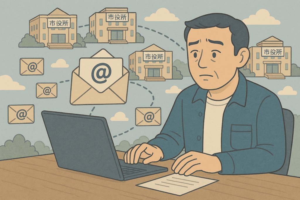 個人事業主が自治体へ営業メールを一斉送信する様子を、複数の市役所アイコンとメールのアイコンで比喩的に描いたLofi系イラスト
