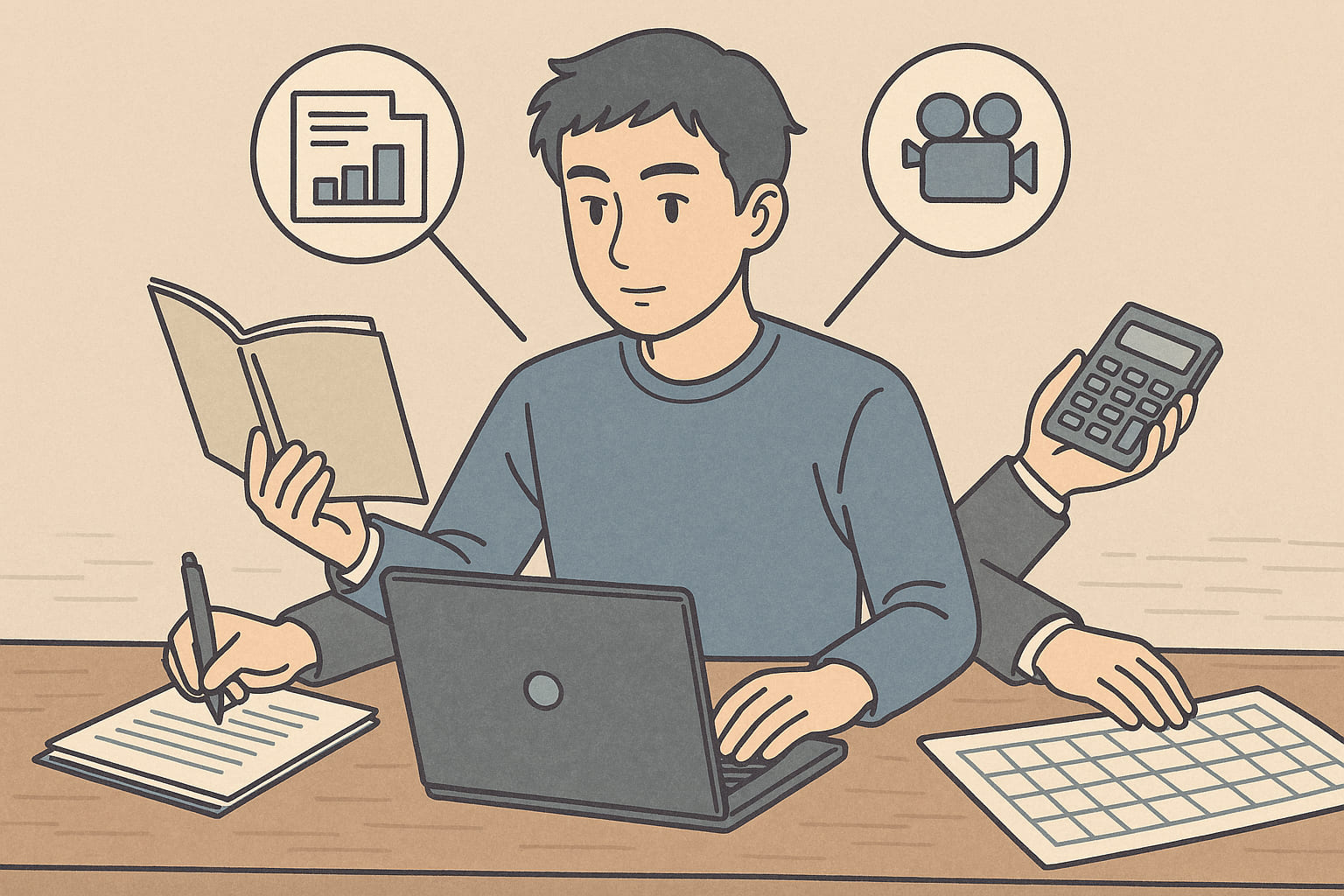 ライトブルー基調のLofiイラスト。日本人男性がデスクで作業し、周囲に複数の仕事タイル(資料作成・オンライン会議・ライティング・制作・請求・学習)が穏やかに浮かぶ。シールド形の背景が生活を守る『仕事のポートフォリオ』戦略を象徴する。