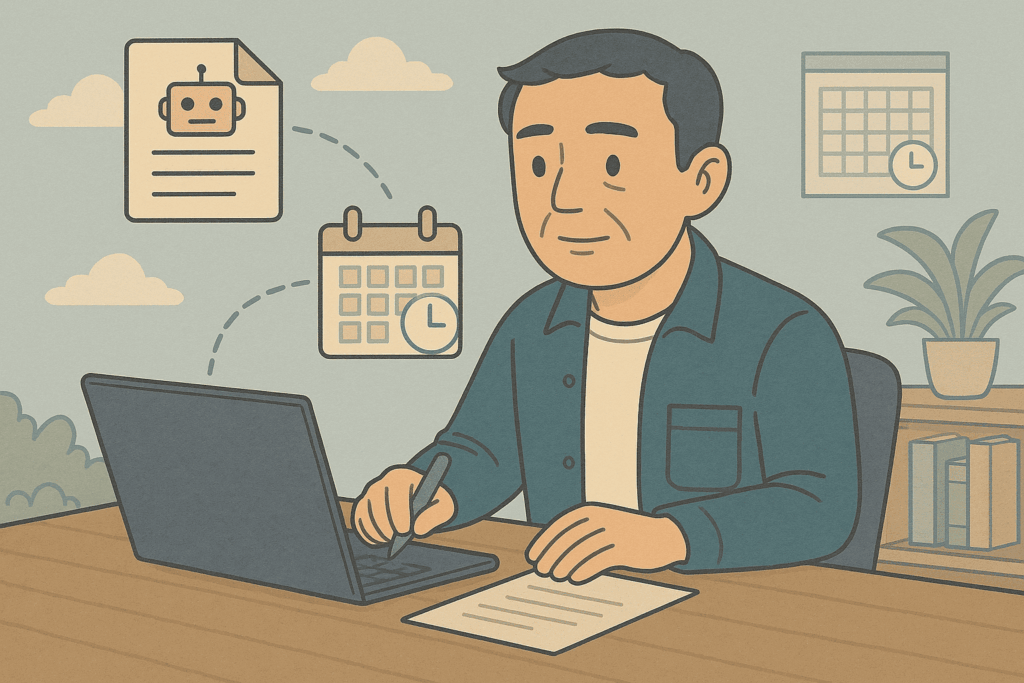 口下手なフリーランスがAI要約と自動予約ツールを使って営業を仕組み化する様子を、ロボット要約アイコンとカレンダーの比喩で表現したLofi系イラスト