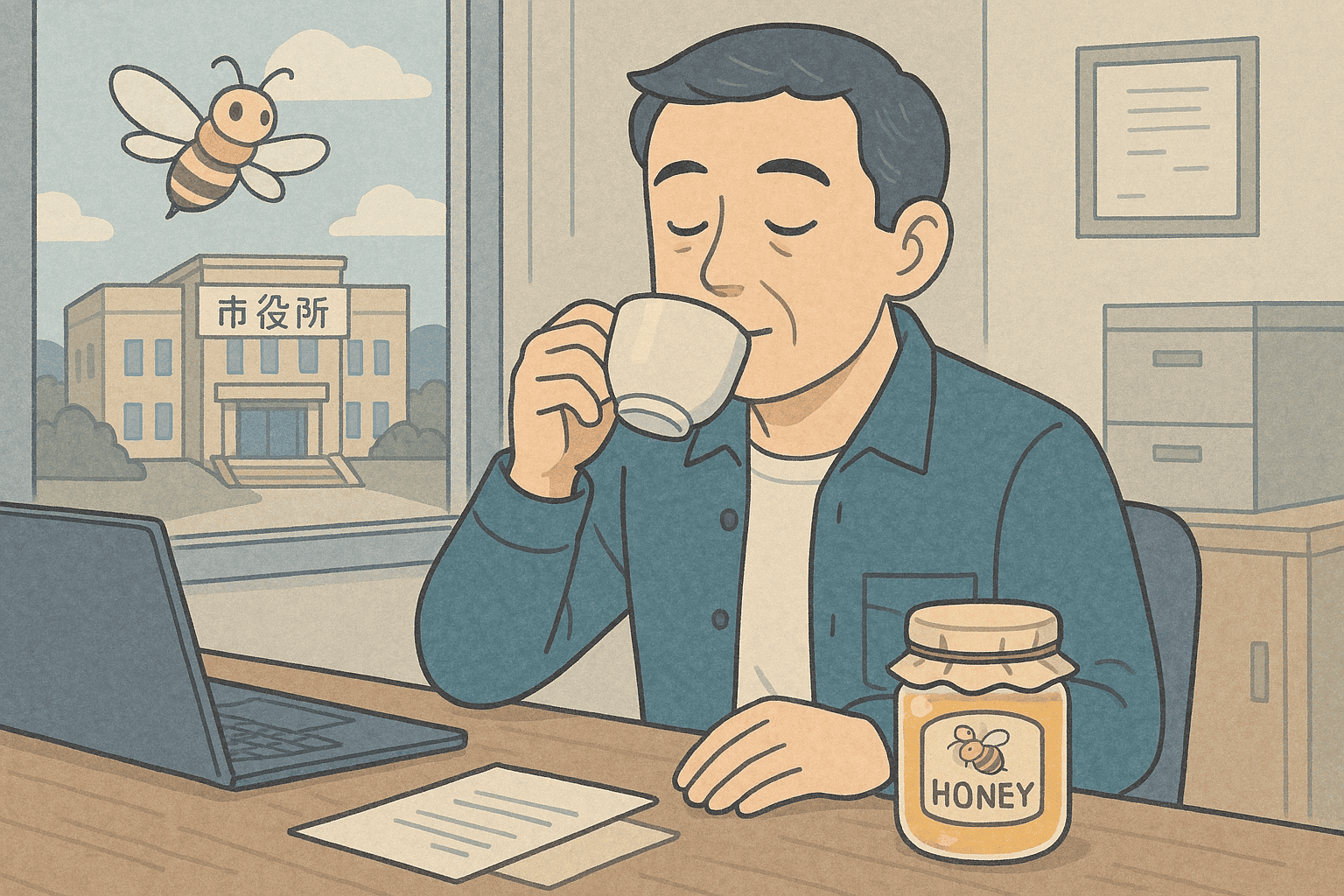 市役所を往復して助成金申請を進める個人事業主が、作業机で書類と向き合いながら一息ついている様子を、ハチミツの瓶と役所の建物を比喩として描いたLofi風イラスト