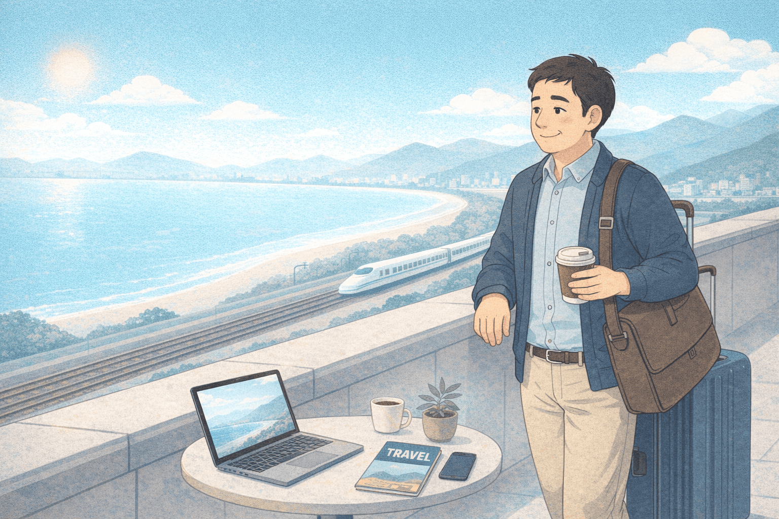 出張先の海沿いテラスでコーヒーを片手に景色を眺める50代フリーランスと、ノートPCやキャリーケースを描いた落ち着いたイラスト