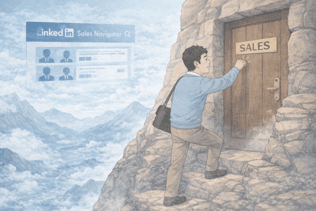 LinkedInを駆使して険しい山を登り、断崖絶壁で見つけた「SALES」という扉をノックする50代のフリーランス男性の比喩的イラスト