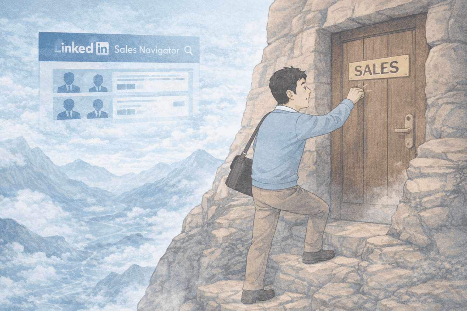 LinkedInを駆使して険しい山を登り、断崖絶壁で見つけた「SALES」という扉をノックする50代のフリーランス男性の比喩的イラスト