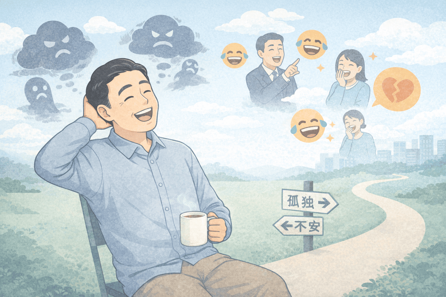 50代フリーランスの男性が、不安や孤独を象徴する暗い雲を背にしながらも、笑顔でコーヒーを手に前向きな気持ちを取り戻しているLofi風イラスト