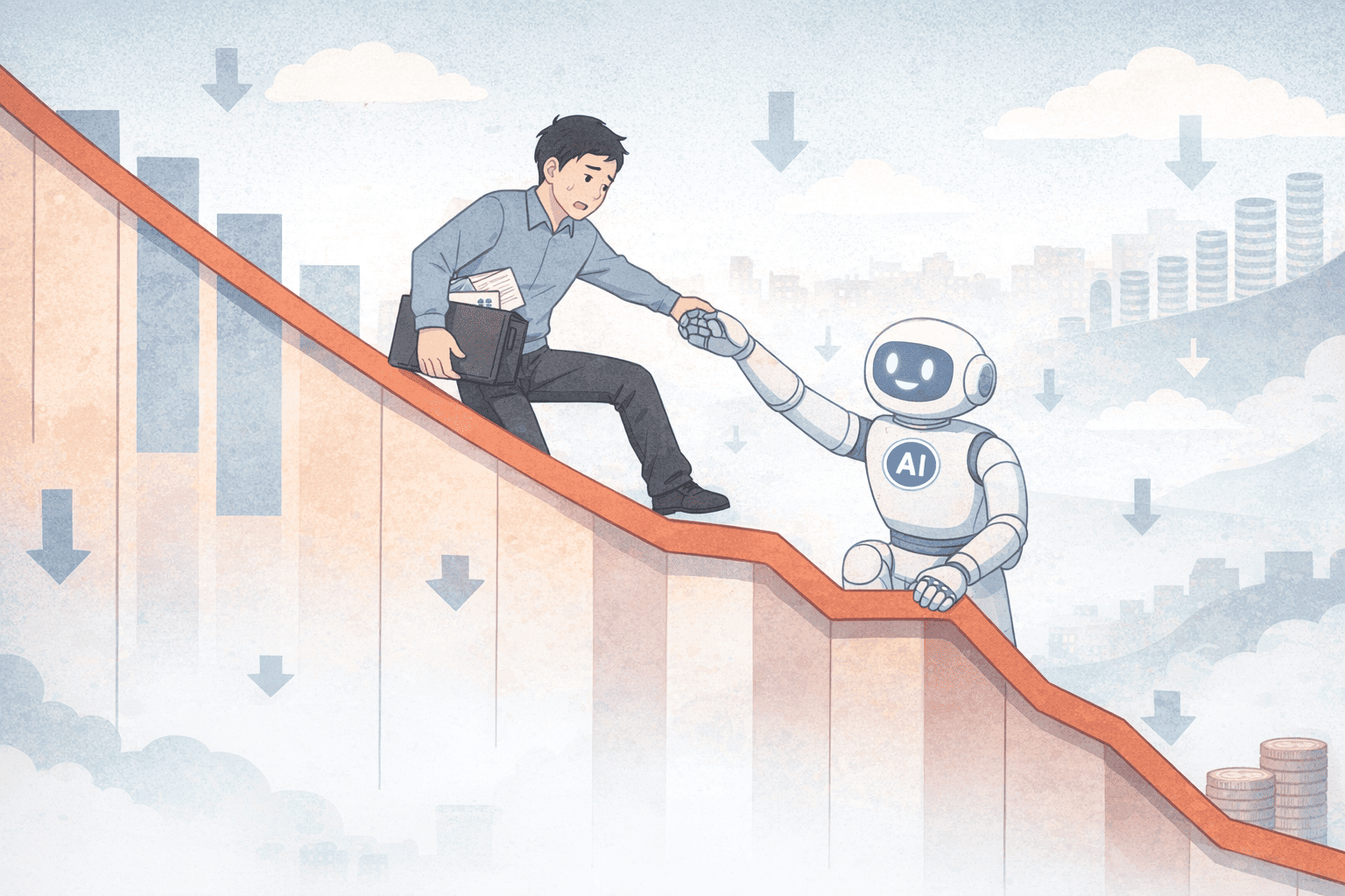 下り坂の階段で書類を抱えたフリーランス男性が、AIロボットに手を引かれながら進む様子を描いたイラスト