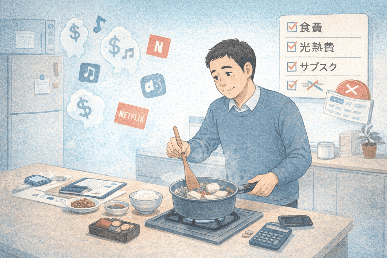 自宅キッチンで自炊をしながら生活費とサブスクを見直す50代個人事業主の生存戦略を描いたイラスト