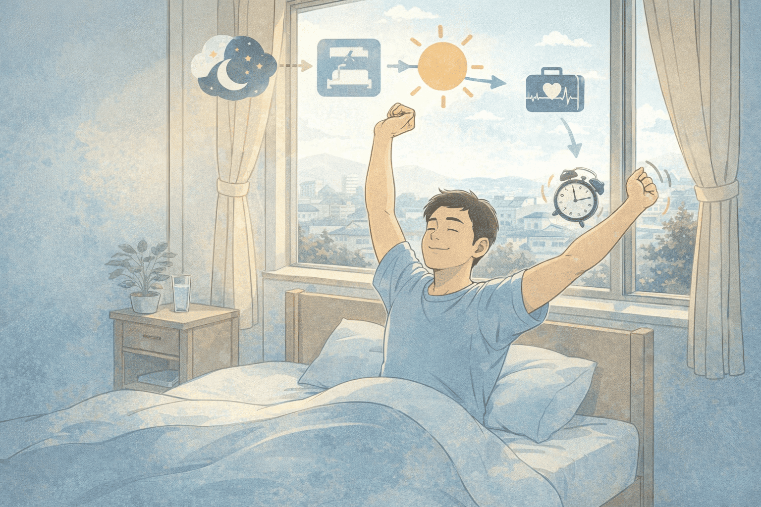 朝の自然光の中で目覚まし時計に頼らず目覚める男性を描いた、独立後の健康的な生活を象徴するローファイ風イラスト