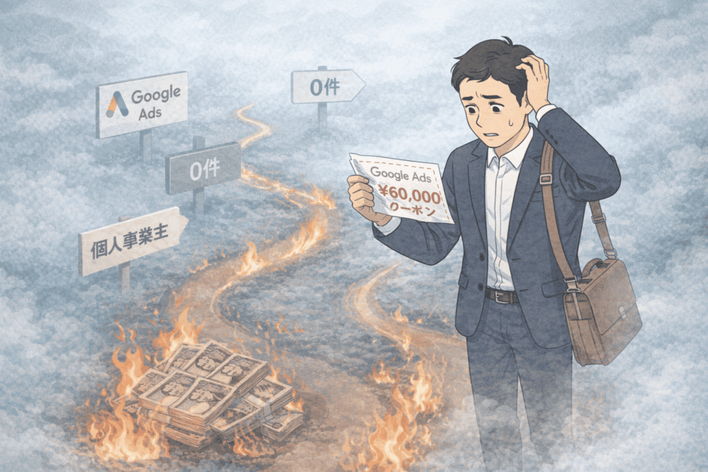 Google広告の6万円クーポンに惑わされ、霧の中で燃える紙幣の道に立ち尽くす個人事業主を、Lofi系の淡い色彩で描いた比喩的イラスト