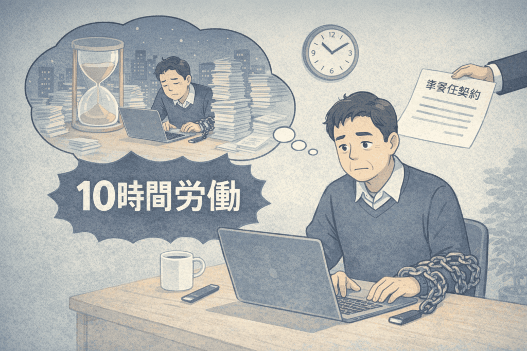 夜のオフィスで準委任契約と長時間労働に向き合う50代フリーランス男性が、砂時計と契約書、罠の象徴に囲まれて作業を続けるLofi系イラスト