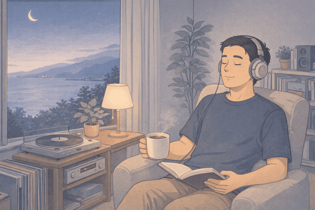 穏やかな夕暮れの部屋で音楽と読書を楽しむ50代フリーランス男性が、ライトブルーとベージュのLofi調で描かれたイラスト