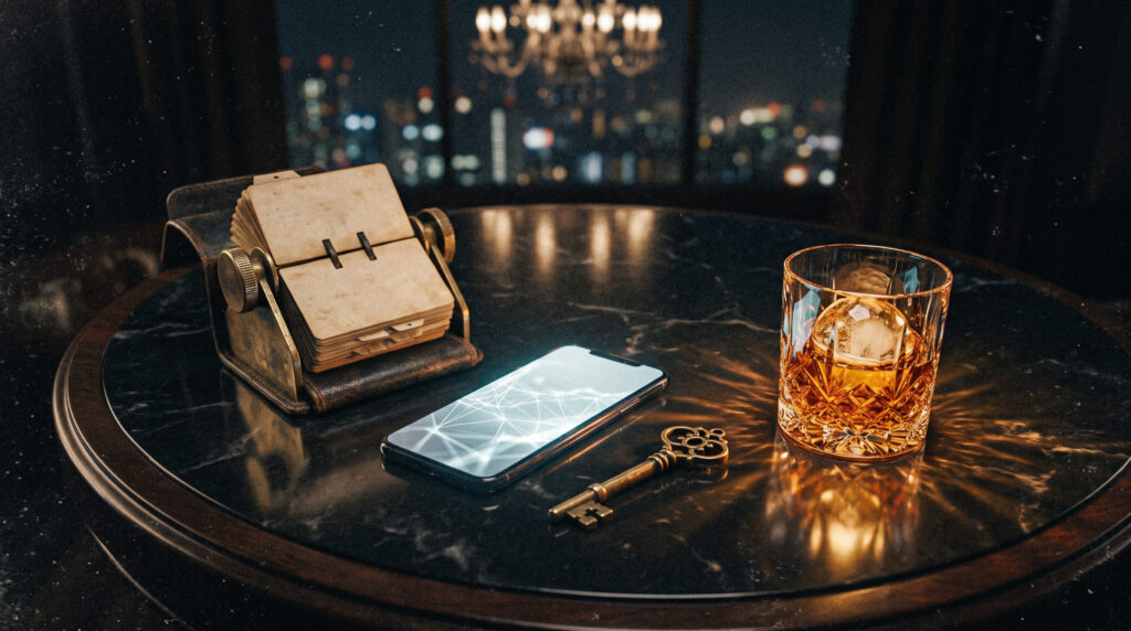 夜のラウンジの黒大理石テーブルに置かれた、琥珀色のロックグラス、青白く発光するスマートフォン、真鍮の鍵、ヴィンテージの名刺回転ホルダー。
