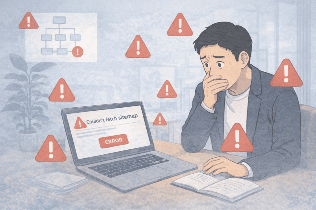 赤い警告マークに囲まれたPC画面を前に、サイトマップ取得エラーに困惑する50代男性フリーランスを描いたLofi調イラスト