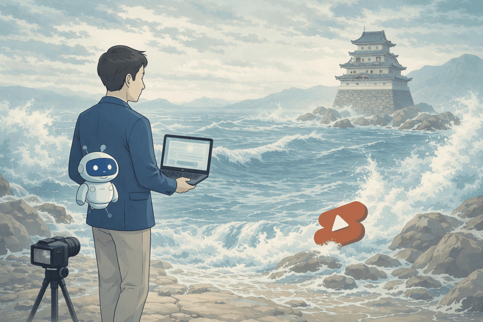荒波の崖の上でAIを相棒にYouTubeショートへ挑む50代フリーランスのLofi系イラスト