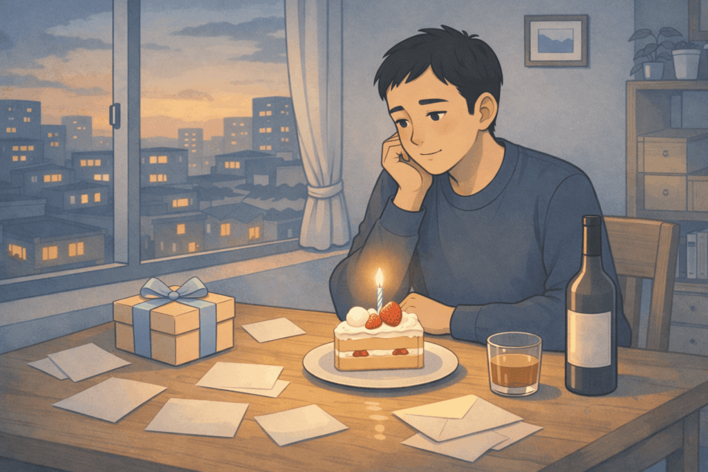 夕暮れの部屋で、50代の日本人男性フリーランスが一人で誕生日ケーキのロウソクを見つめている。テーブルには文字のない紙片と封筒が散らばり、ライトブルーとベージュを基調としたLofi系の柔らかな色調で孤独と静かな祝福を表現したイラスト。