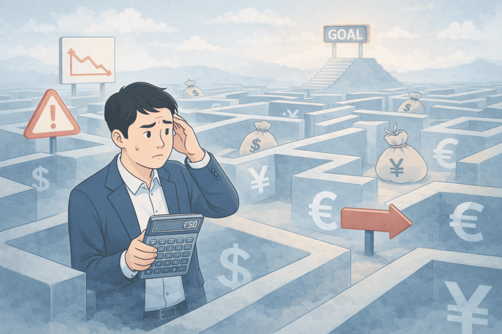 資金ショートの迷路に迷い込んだ50代フリーランスが、出口の見えない財務判断に頭を抱えながら進む様子を、ライトブルー・ベージュ・グレー基調のLofi系アニメ調で描いたイラスト