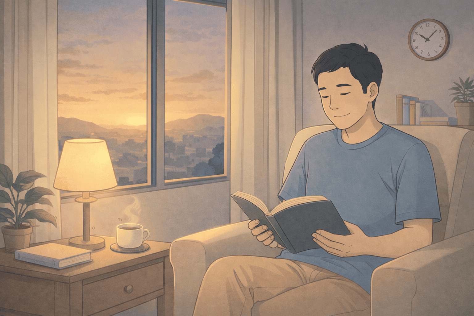 夕暮れの静かな部屋で、50代フリーランスが読書しながら穏やかな時間を過ごす様子を、ライトブルー・ベージュ・グレー基調のLofi系アニメ調で描いたイラスト